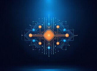 Poster - Abstract digital circuit design on grainy paper texture.  Blue and orange hues depict a central processor with connecting pathways.  The image evokes technology and connectivity.