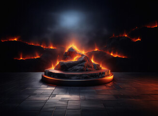 Aufkleber - Fiery, dark scene with glowing rocks on a textured, metallic platform.  Granular paper-like texture is evident in the background.  Volcanic, smoky atmosphere.
