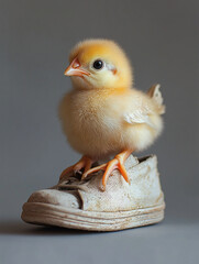 Adorable baby chick standing old shoe radiating playful charming vibe soft texture vibrant detail warmth nature cute pond lake love bird duck zoo decor pet fluffy cute little small storytelling