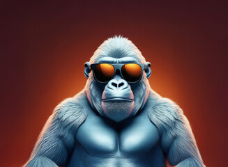 Aufkleber - A cool, light-blue gorilla, rendered with a grainy paper texture, sports stylish sunglasses against a dark-red backdrop.  It's a striking image with a cool, slightly surreal vibe.