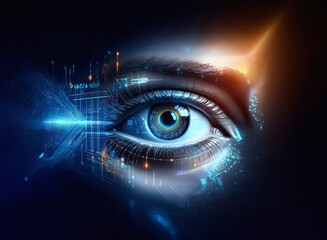Aufkleber - A close-up of a human eye, overlaid with a grainy, paper-textured digital circuit design.  The image blends organic and technological elements, creating a futuristic feel.