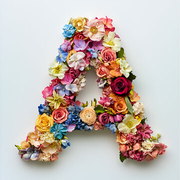 A 3D letter 'A' crafted from colorful flowers, placed on a white background