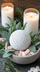 Wall Mural - Relaxation is enhanced with lit candles, sea salt, and eucalyptus leaves arranged artfully on a straw mat with stone accents