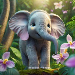 baby elephant with big eyes and ears in a tropical forest with flowers and butterflies
