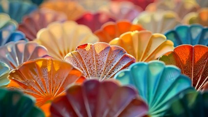 Poster - A close up of a colorful array of flower shaped objects. The objects are in various colors and sizes