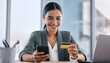 © Marko - Happy woman, phone or payment with credit card for online shopping or fintech purchase at office
