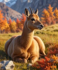 Wall Mural - Chamois fawn curled up on a mountain meadow with vibrant autumn colors, flowers, foliage, animal