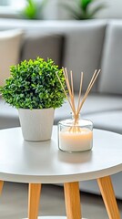 Canvas Print - Elegant reed diffuser sits on a white table surrounded by candles and flowers, enhancing the tranquility of a serene living environment