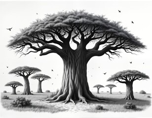 Majestic baobab tree dominates serene landscape. Detailed branches, textured trunk. Exotic flora with baobab trees. Birds soar in tranquil scene. Peaceful scene in monochrome style. Large baobab