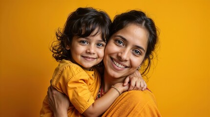 Banner for Mother's Day. Happy Indian mommy and her child kid hugging each other on orange background. Family love concept. Adorable child hugging and embracing mom.