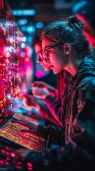 two women using screens with bright tech background, for data analysis