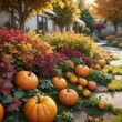 © Sutasinee - Close-up of colorful autumn foliage and pumpkins in a backyard garden, organic, pumpkins, seasonal