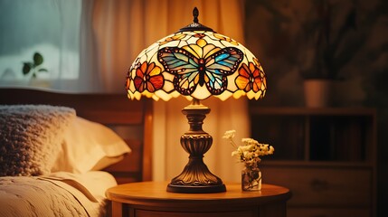 Canvas Print - Illuminated Tiffany-style table lamp with butterfly design on a wooden nightstand in a bedroom.