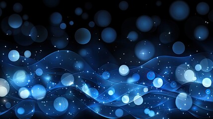 Poster - Futuristic representation of glowing waves in blue and purple, enhanced by particle dots against a dark backdrop, ideal for modern designs