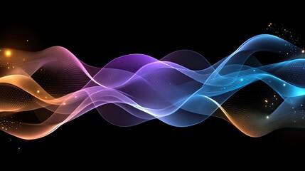 Poster - Futuristic representation of glowing waves in blue and purple, enhanced by particle dots against a dark backdrop, ideal for modern designs