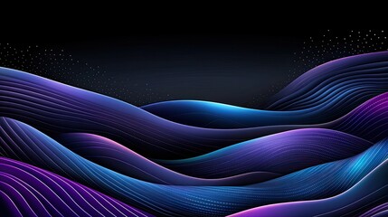 Poster - Futuristic representation of glowing waves in blue and purple, enhanced by particle dots against a dark backdrop, ideal for modern designs