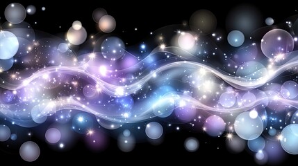 Poster - Futuristic representation of glowing waves in blue and purple, enhanced by particle dots against a dark backdrop, ideal for modern designs