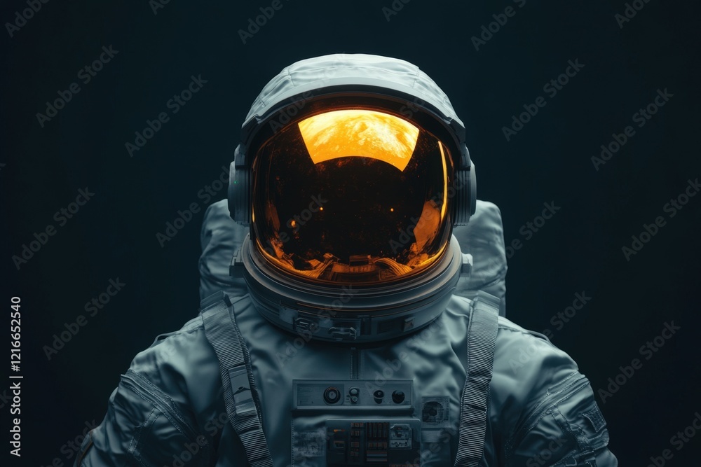 astronaut in space suit with glowing visor against dark background ...