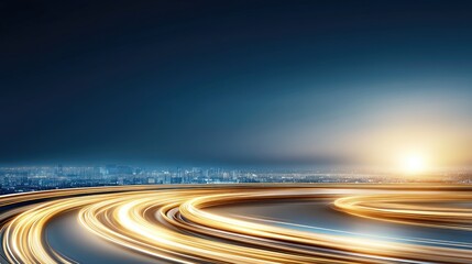 Poster - Curved road with motion blur effect amid blue light speed lines reflecting high-speed technology and online network themes