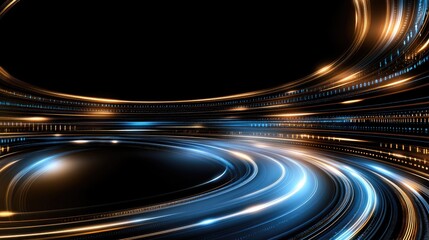 Poster - Curved road with motion blur effect amid blue light speed lines reflecting high-speed technology and online network themes