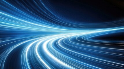 Fototapete - Curved road with motion blur effect amid blue light speed lines reflecting high-speed technology and online network themes