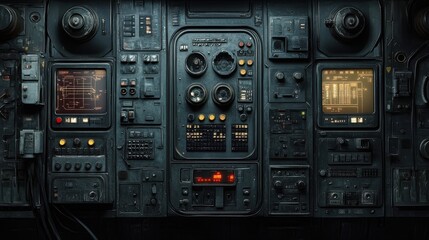 Complex vintage industrial control panel with screens and buttons