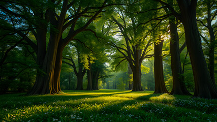 Wall Mural - enchanted forest field with glowing blooming flowers sunset sunlight, idyllic peaceful nature. amazi