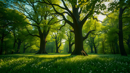 Wall Mural - enchanted forest field with glowing blooming flowers sunset sunlight, idyllic peaceful nature. amazi