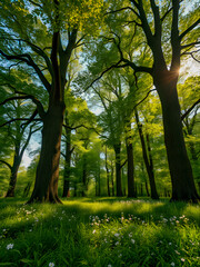 Wall Mural - Enchanted forest field with glowing blooming flowers sunset sunlight, idyllic peaceful nature. Amazing landscape green spring summer scenery. Sunlit floral lush meadow blue sky. Inspire green serenity