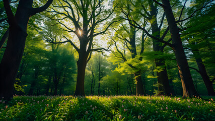 Wall Mural - enchanted forest field with glowing blooming flowers sunset sunlight, idyllic peaceful nature. amazi