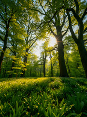 Wall Mural - enchanted forest field with glowing blooming flowers sunset sunlight, idyllic peaceful nature. amazi