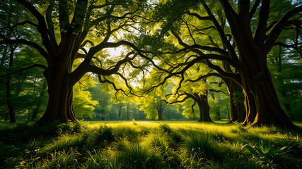 Wall Mural - enchanted forest field with glowing blooming flowers sunset sunlight, idyllic peaceful nature. amazi