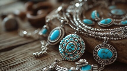 Wall Mural - Native American vintage turquoise and silver jewelryy. Traditional Indigenous Indian banner design.