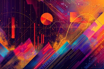 Poster - Abstract representation of stock market trends with colorful graphs and charts, Digital Finance Evolution. Innovative Fintech Technology. Visualizing Financial Investment.