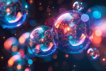 Poster - Abstract thought bubbles containing cybersecurity concepts, Big data visualisation. Abstract digital particles. Cyber network background. Technology backdrop.