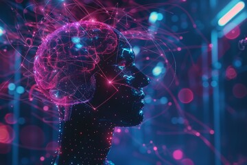 Poster - AI brain interface with neural connections, An illustration depicting the brain as a complex network of interconnected neurons, highlighting its intricate structure.