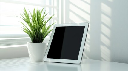 Poster - Modern Tablet on a Clean Desk with Green Plant