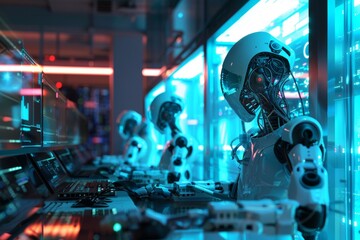Poster - AI robots working in a futuristic IT lab, Engineer working automatic robotic arm machine in factory. Collaboration of three robotic arms working together