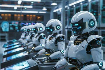 Poster - AI robots working in a futuristic IT lab, Engineer working automatic robotic arm machine in factory. Collaboration of three robotic arms working together