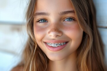 Wall Mural - Smiling girl with braces enjoying a sunny day outdoors with a wooden background