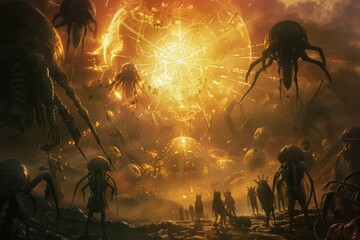 Poster - Alien creatures gathering around a radiant energy source, A group of individuals standing together atop a lush green field, Alien creatures gathering around a radiant energy source