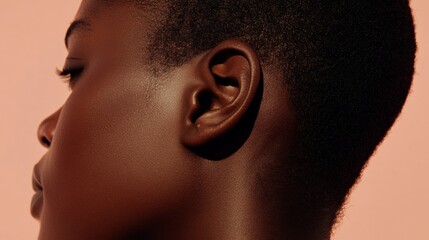 Aufkleber - Close up of ear and neck of a young black woman with short hair, illuminated by a warm light, highlighting the details of her skin and emphasizing the importance of hearing health