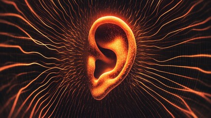 Poster - Flowing sound waves converge towards a polygonal, stylized human ear, illustrating the intricate process of hearing and the perception of audio in a visually captivating manner