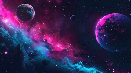 Wall Mural - A vibrant cosmic scene featuring colorful nebulae and planets in a vast universe.