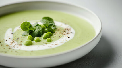 Wall Mural - A creamy green pea soup served in a white plate against a light gray minimalist background, focusing on fresh ingredients and presentation