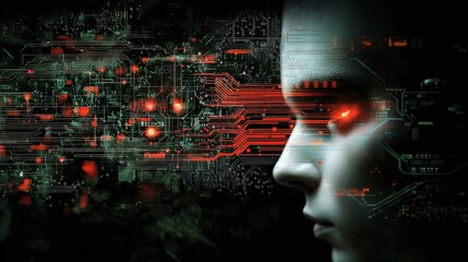 Poster - Futuristic Portrait of a Human Face Merging with Digital Technology and Circuit Patterns
