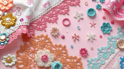 Poster - A pink, orange, and blue lace with a bunch of buttons on it. The buttons are of different colors and sizes