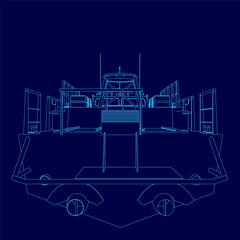 Poster - Blue drawing of a boat outline. The boat is shown from the back