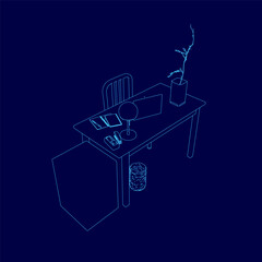 Poster - Blue drawing of a desk with a chair, a lamp, a potted plant, and a book. The desk is empty, but the chair is placed in front of it. The lamp is turned on