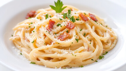 Wall Mural - Delicious plate of creamy carbonara pasta topped with crispy pancetta and parmesan against a simple white background